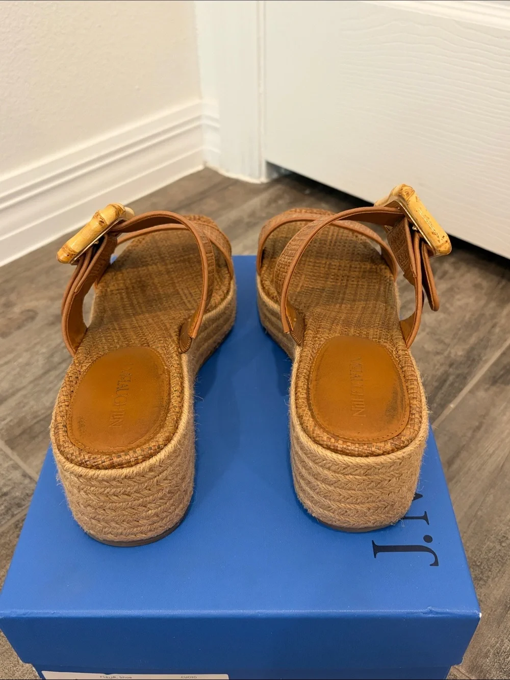 J. McLaughlin Fleur Tan Woven Espadrille Wedge Slides with Buckle